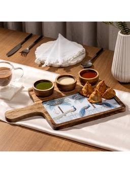 DULI - MangoWood Decorative Serving Platter With 3Bowls Snacks Serving Platter with Handle