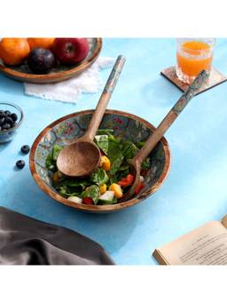 DULI - MangoWood Decorative Salad Bowl With Mixing Fork and Spoon