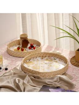 DULI - Set of 2 Round Cane Trays for Serving & Dining Multipurpose Trays