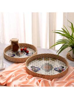 DULI - Set of 2 Round Cane Trays for Serving & Dining Multipurpose Trays
