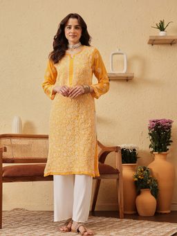 ADA - Yellow Embroidery Faux Georgette Lucknowi Chikan Kurta [A100288]