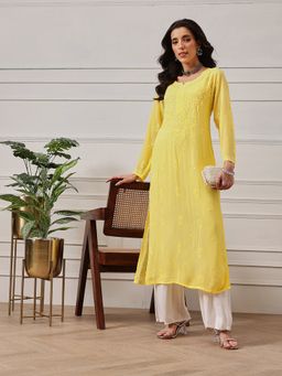 ADA - Hand Embroidered Yellow Georgette Lucknow Chikankari Kurta (XS) (A411186)