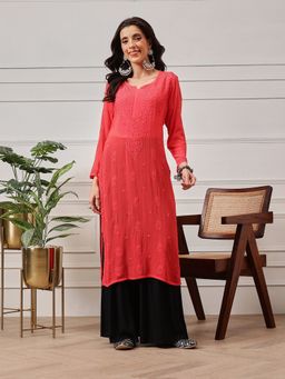 ADA - Hand Embroidered Carrot Pink Georgette Lucknowi Chikan Kurta (XS) (A411189)