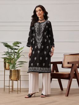 ADA - Embroidered Black Cotton Lucknow Chikankari Kurta (XS) (A100469)