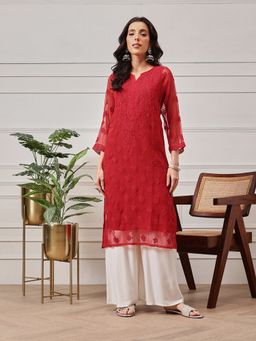 ADA - Hand Embroidered Red Georgette Lucknow Chikan Kurta with Slip (Set of 2) (A141508)