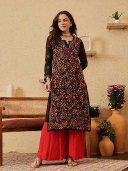 ADA - Hand Embroidered Black Georgette Lucknow Chikan Kurta with Slip [A90314]