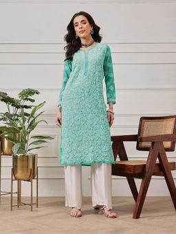 ADA - Hand Embroidered Sea Green Georgette Lucknow Chikan Kurta [A95546]