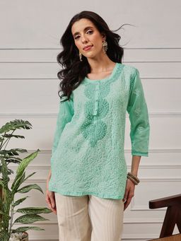 ADA - Green Embroidered Cotton Lucknow Chikan Kurti (XXS) (A273668)