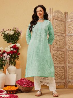 ADA - Traditional Hand Embroidered Sea Green Cotton Lucknow Chikankari Kurta A411344