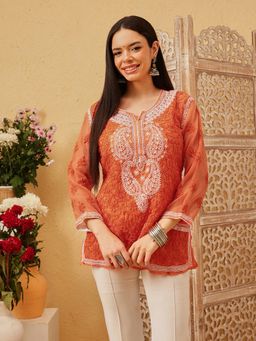 ADA - Hand Embroidered Rust Georgette Lucknow Women Chikankari Kurti With Slip (Set of 2)