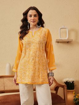 ADA - Hand Embroidered Lucknowi Chikankari Yellow Georgette Kurti