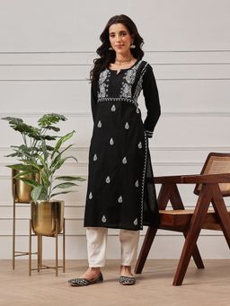 ADA - Hand Embroidered Black/white Cotton Lucknowi Stylish Chikankari Kurta