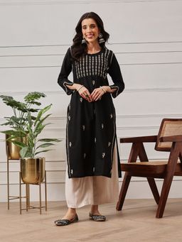 ADA - Hand Embroidered Black Fawn Lucknowi Chikankari Pure Cotton Kurta