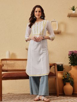 ADA - Ethnic Motifs Lucknowi Chikankari White-Lime Green Cotton Kurta (A411457)