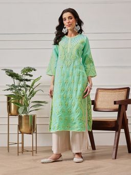 ADA - Hand Embroidered Green Cotton Lucknow Chikankari Kurta [A253605]