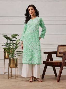 ADA - Embroidered Sea Green Lucknowi Chikankari Kurta