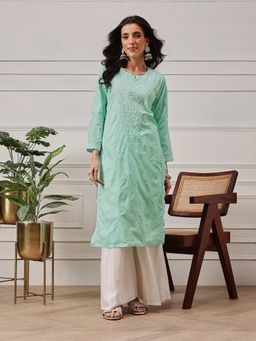 ADA - Women Hand Embroidered Lucknowi Chikankari Sea Green Cotton Kurta