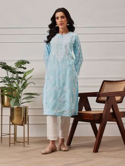 ADA - Ethnic Motifs Hand Embroidered Lucknowi Chikankari Blue Cotton Kurta