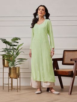 ADA - Ethnic Motifs Lucknowi Chikankari Green Viscose Georgette Kurta