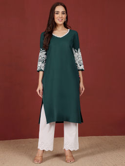 Varanga - Women Green Floral Motif Thread Embroidered Straight Fit Kurta
