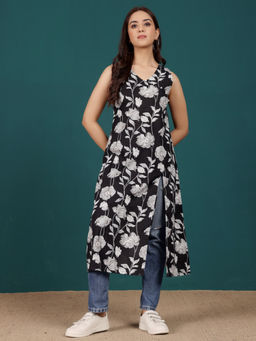 Varanga - Women Black Floral Printed V Neck Front Slit Kurta
