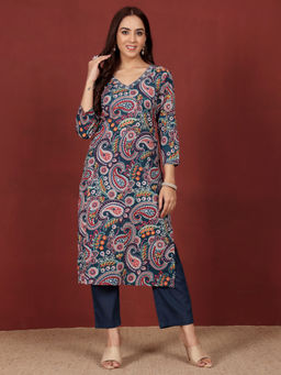 Varanga - Women Blue Paisely Printed Sequin Embroidered V Neck Kurta