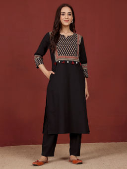 Varanga - Women Black Jaipuri Ethnic Printed Yoke Straight Kurta
