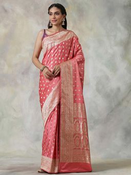 WeaverStory - Handloom Rose Pink Pure Satin Silk Kadhwa Border With Unstitched Blouse