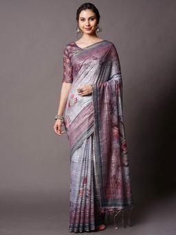 Odette - Grey Festive Linen Blend Printed Saree with Unstitched Blouse