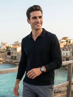 Nobero - Black Popcorn Textured Full Sleeve Polo T-Shirt for Men