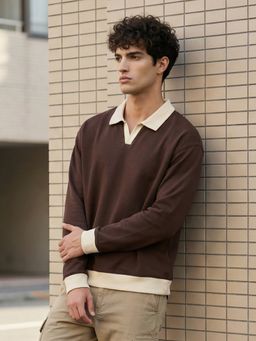 Nobero - Brown Clubhouse Full Sleeve Oversized Polo T-Shirt for Men
