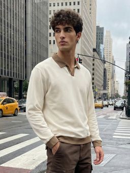 Nobero - Beige Clubhouse Full Sleeve Oversized Polo T-Shirt for Men