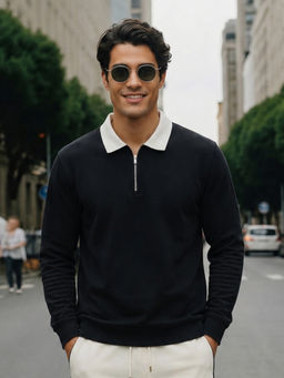 Nobero - Black Club Quarter Zip Full Sleeve Oversize T-Shirt for Men