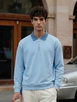 Nobero - Blue Club Quarter Zip Full Sleeve Oversize T-Shirt for Men