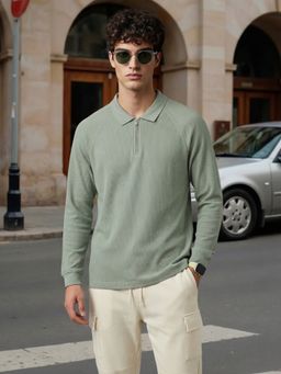 Nobero - Green Ridge Zip Full Sleeve Polo T-Shirt for Men