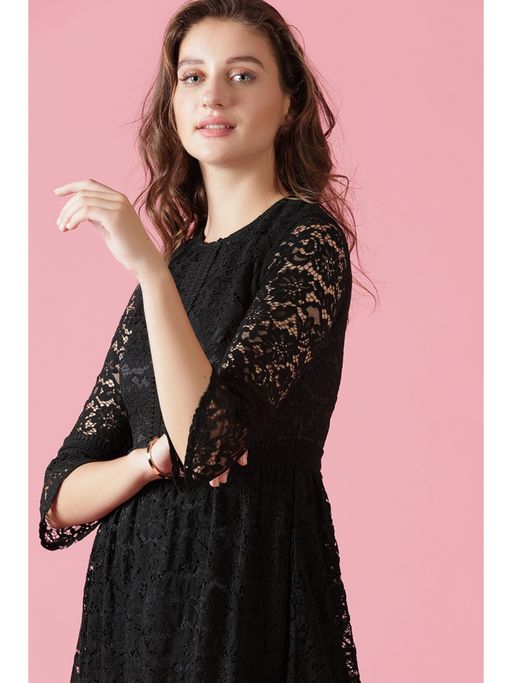 layered black dress There's Nothing To It Black Lace Tiered Midi Dress
