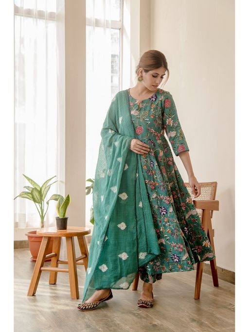 Buy Gulabo Jaipur Orchid Emerald Green Anarkali (Set of 3) Online