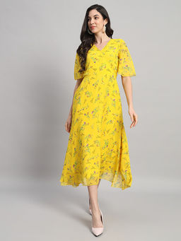 Curvydrobe - Women Yellow Floral Midi Dress