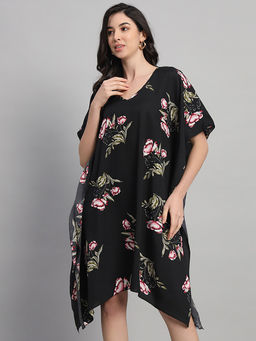 Curvydrobe - Women Black Floral Mini Kaftan Dress
