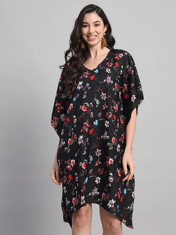 Curvydrobe - Women Black Floral Mini Kaftan Dress