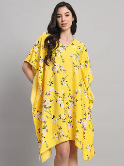 Curvydrobe - Women Yellow Floral Mini Kaftan Dress
