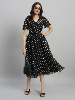 Curvydrobe - Women Black Polka Dots Midi Dress