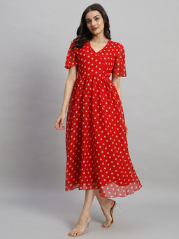 Curvydrobe - Women Red Polka Dots Midi Dress