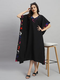 Curvydrobe - Women Black Printed Midi Kaftan Dress