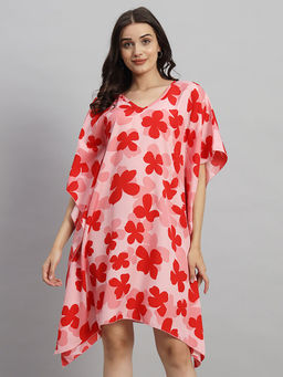 Curvydrobe - Women Peach Floral Mini Kaftan Dress
