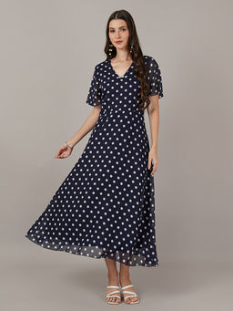 Curvydrobe - Women Navy Blue Polka Dots Maxi Dress