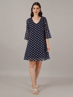 Curvydrobe - Women Navy Blue Polka Dots Mini Dress