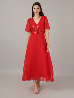 Curvydrobe - Women Red Embellished Midi Dress