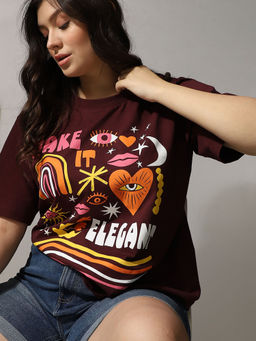 VERO MODA - CURVE Maroon Graphic Printed T-Shirt