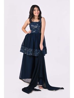 Titrit - Embroidered Sleeves Peplum Kurta with Palazzo & Dupatta - Teal (Set of 3)